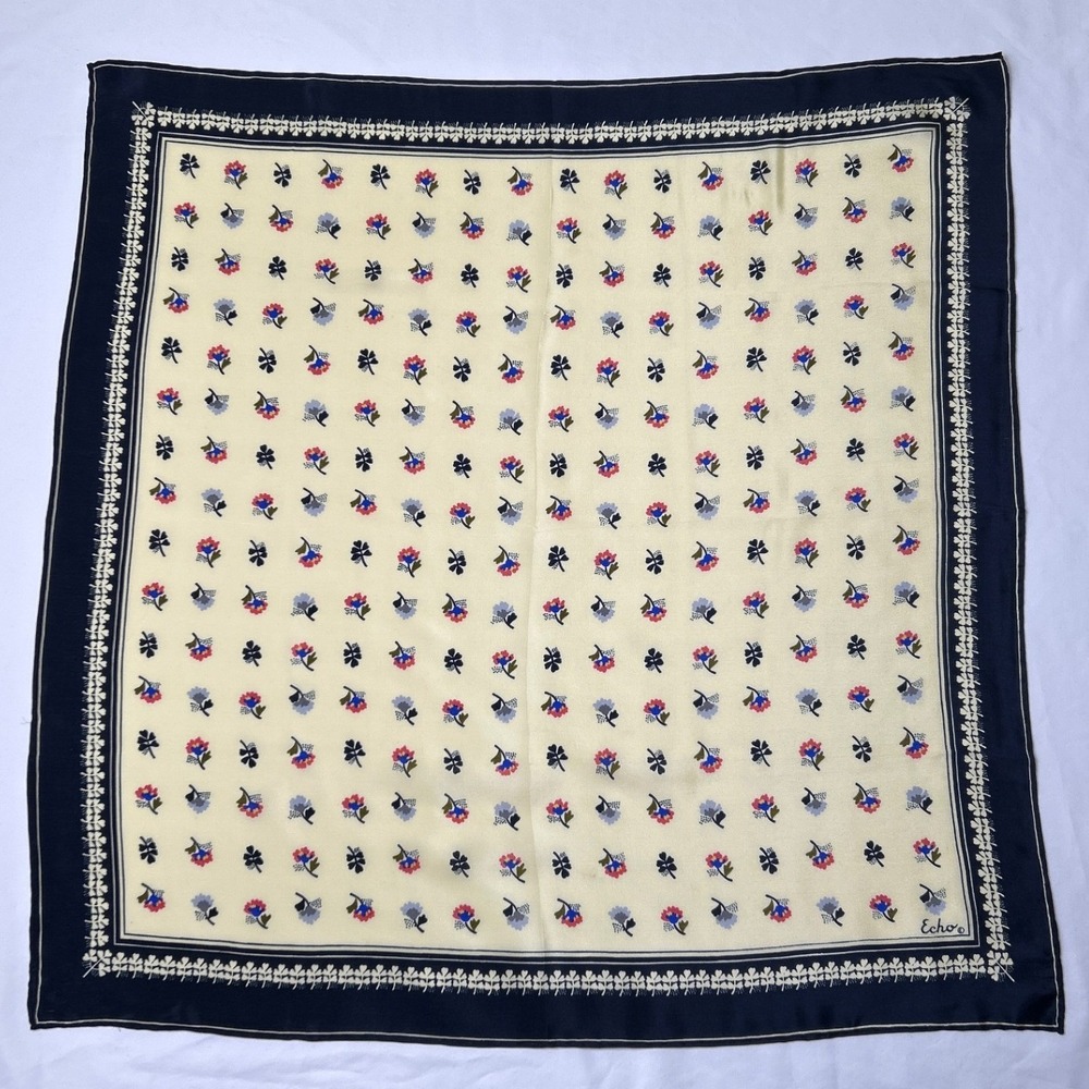 Echo Womens Vintage Floral Print Square Silk Scarf 22.5" Navy Cream